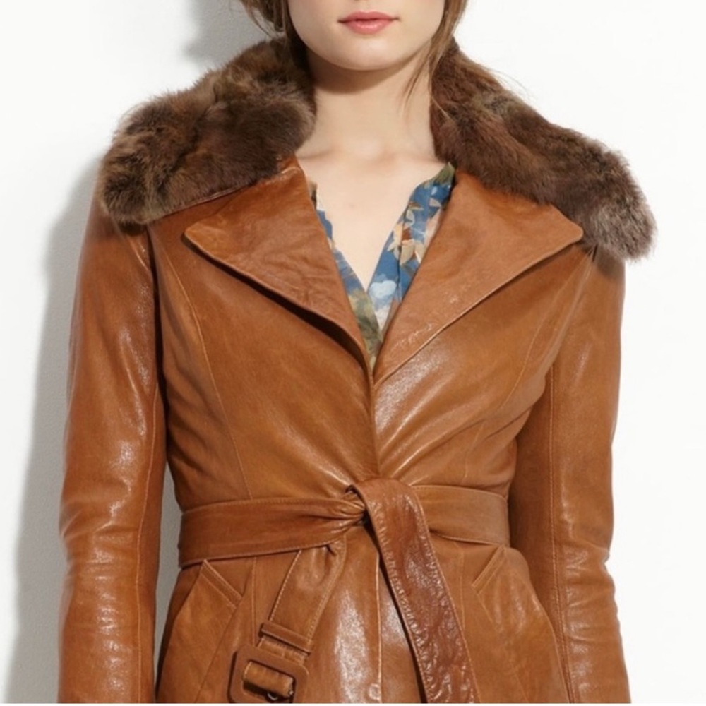 June Leather Coat with detachable fur collar - Size S - Picture 3 of 9